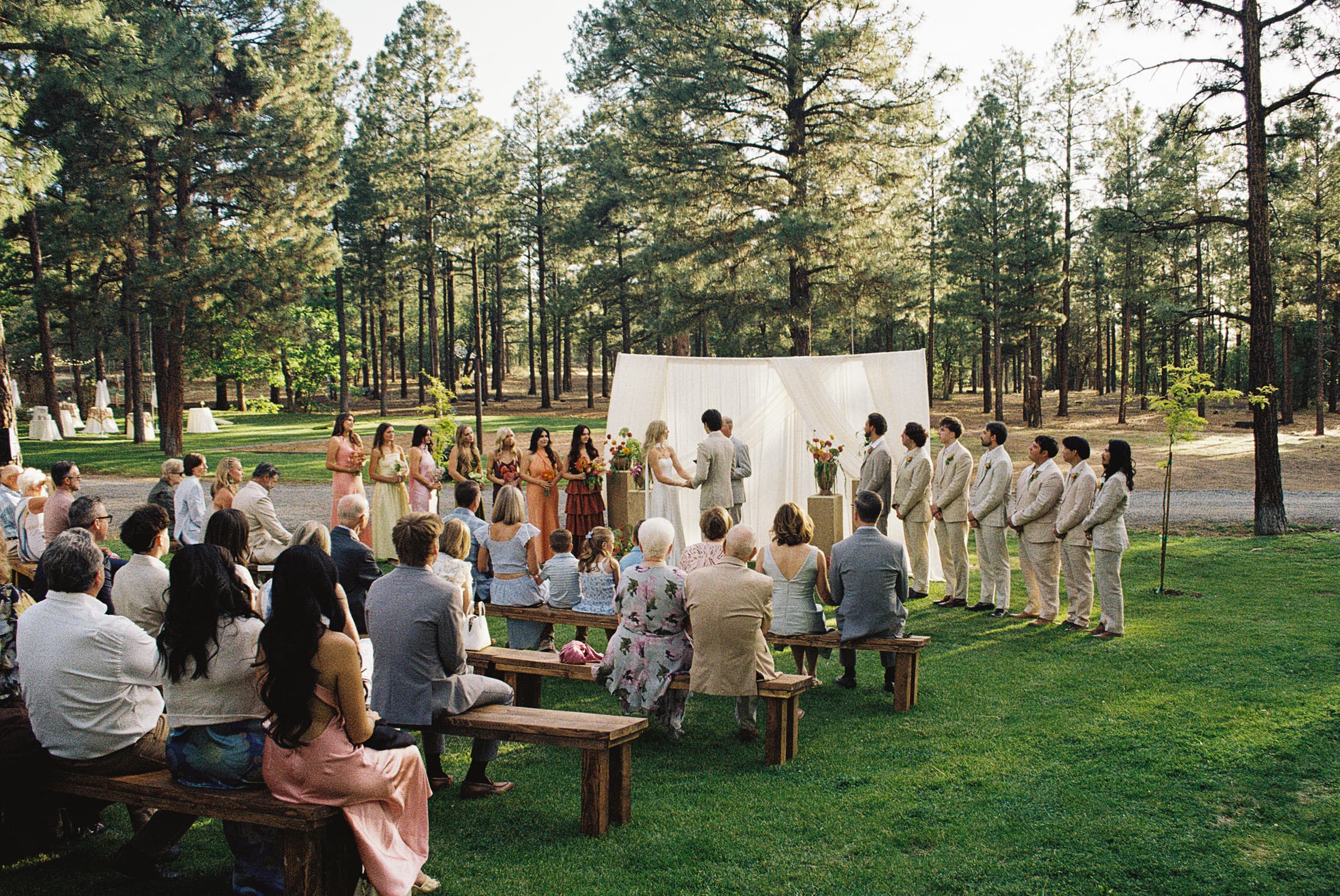 Wide view of a forest ceremony with guests seated on wooden benches facing the draped altar
