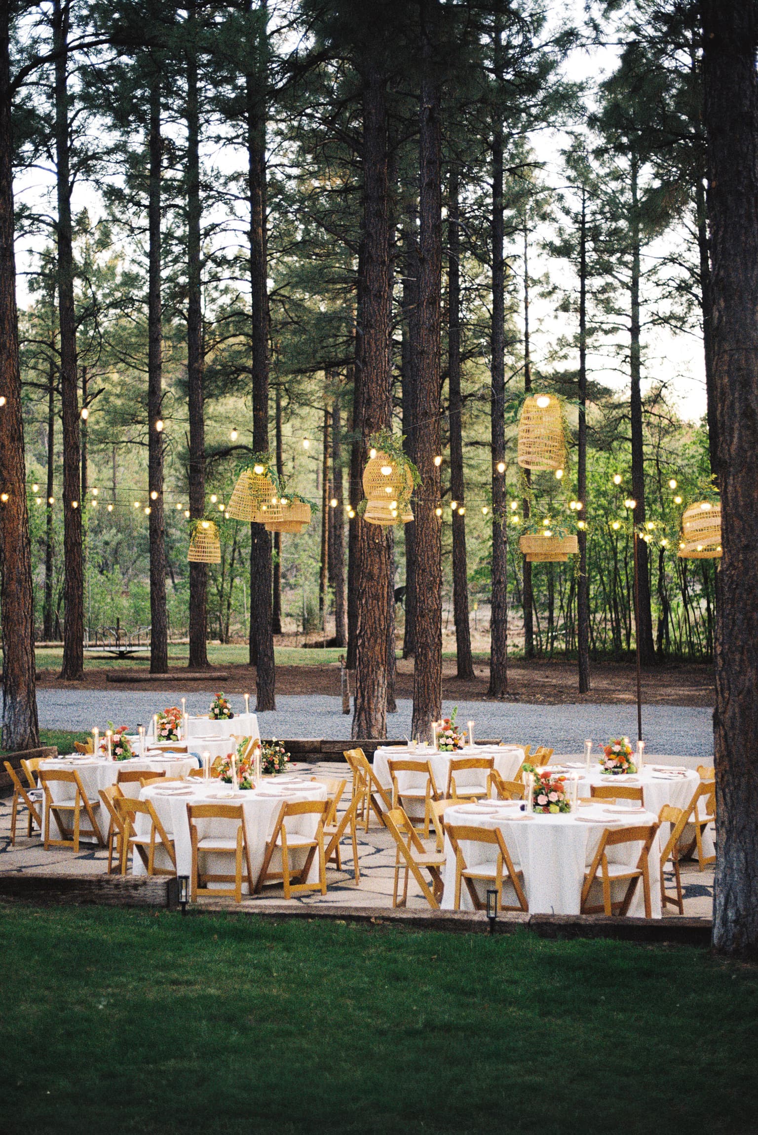 Dusk reception with round tables of candles and florals under glowing woven lanterns in the tall Ponderosa pines