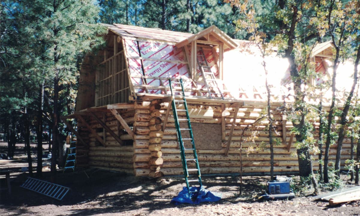 Early construction of the first log cabin at Diamond W Ranch, surrounded by ponderosa pines