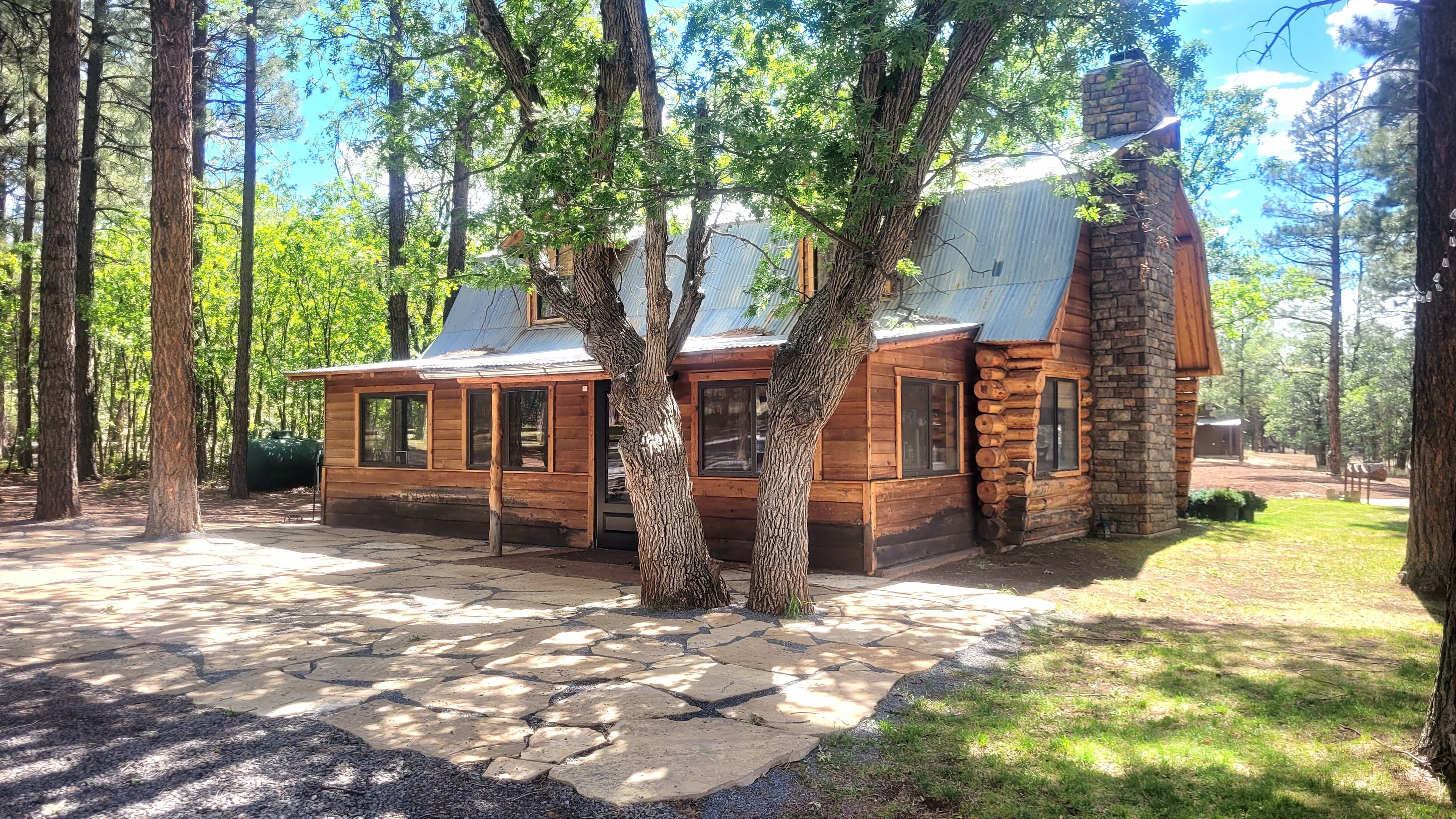 Exterior of the Diamond W log cabin with corrugated metal roof, stone chimney, flagstone patio, surrounded by pines and oaks