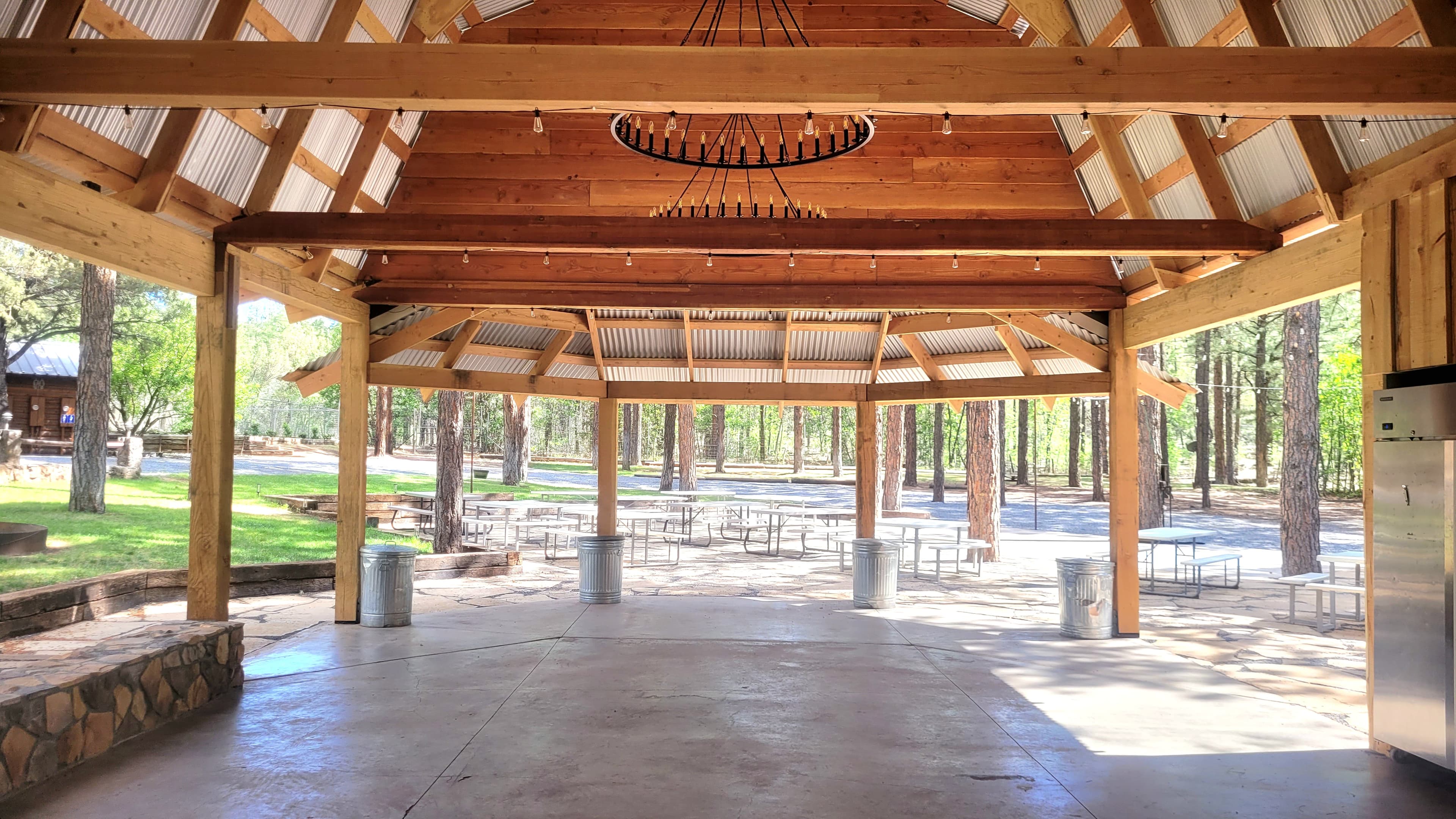 Inside the Diamond W ramada looking out at pine trees and picnic tables with string lights overhead